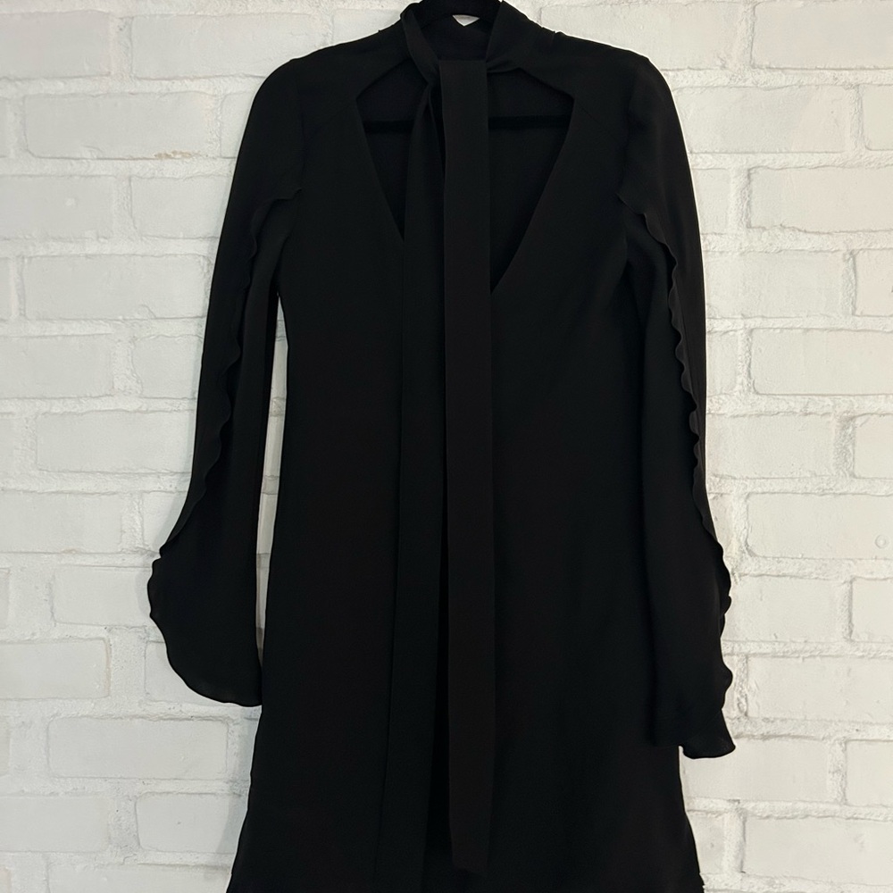 Derek Lam Black Sheath Dress with Plunge Neckline and Bishop Sleeves